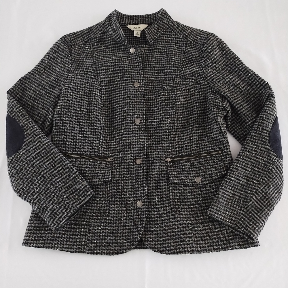 L.L. Bean Women’s Size Medium Gray Snap Button Wool Blend Houndstooth Jacket